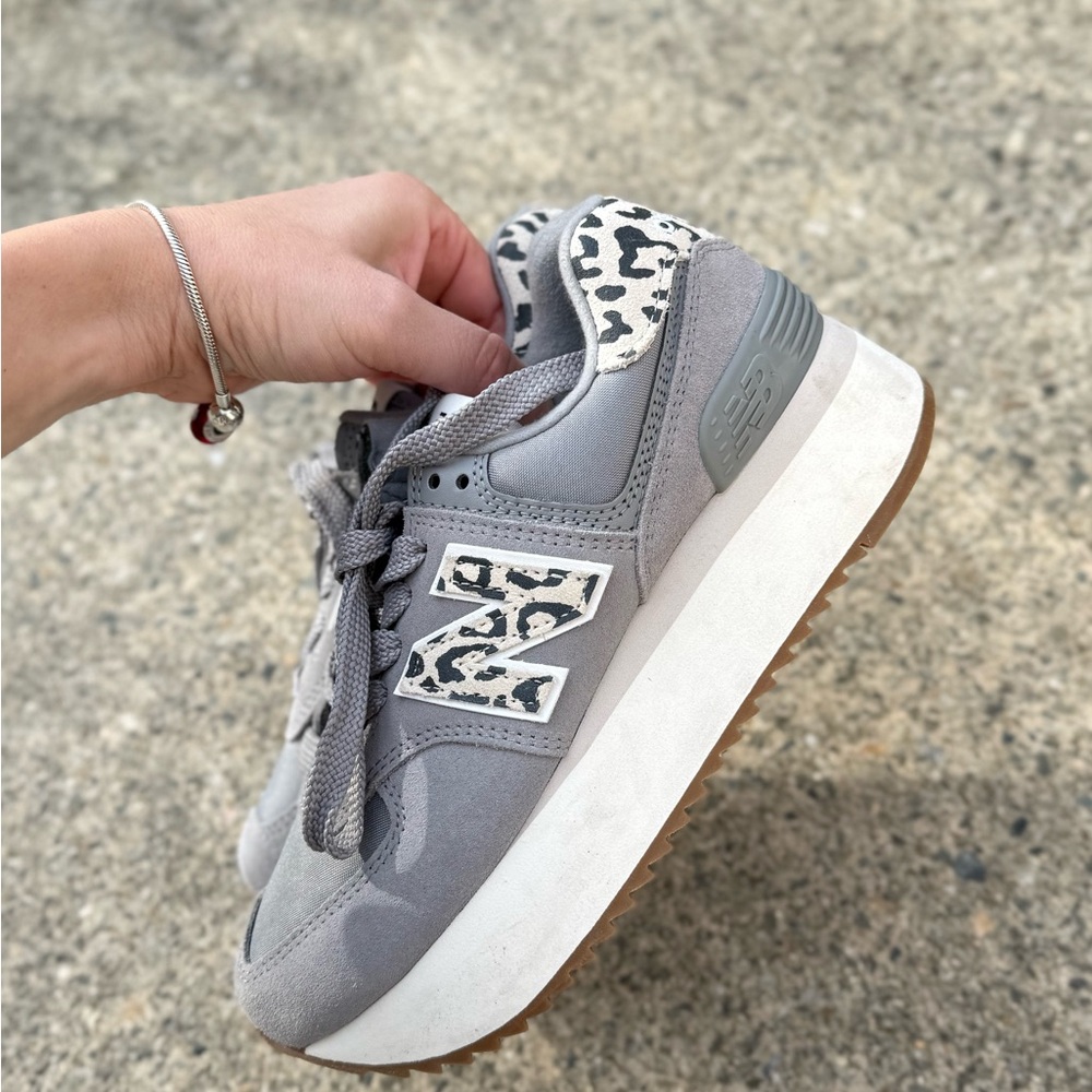 New Balance 574+ Platform Sneakers Gray Leopard Detail Women’s Size 6.5 like new - Picture 7 of 12